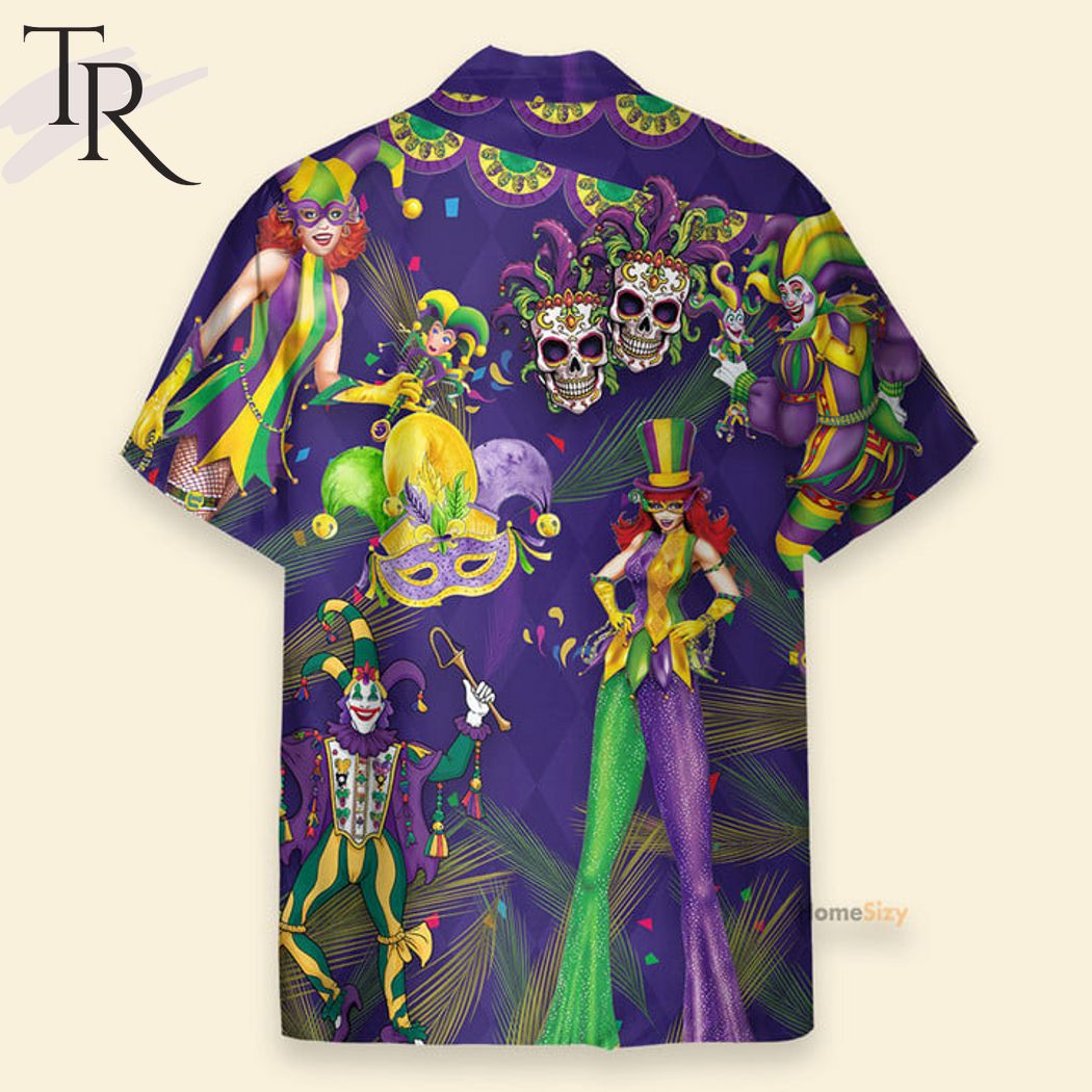 Jester Mardi Gras With Skull Wearing Glasses Masquerade Mask Hawaiian Shirt