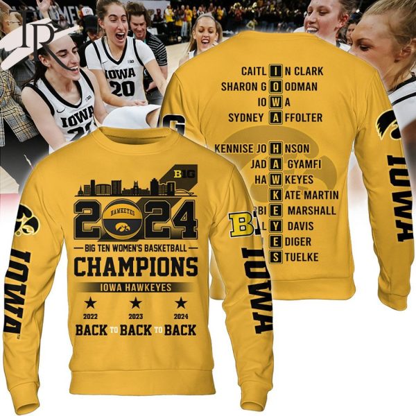2024 Big Ten Women’s Basketball Champions Iowa Hawkeyes Back To Back To Back Hoodie – Yellow