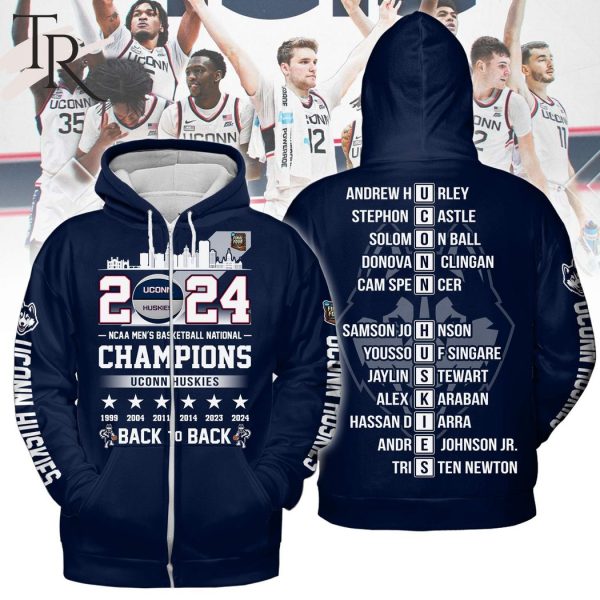 Uconn Huskies 2024 NCAA Men’s Basketball National Champions Back To Back Hoodie – Navy