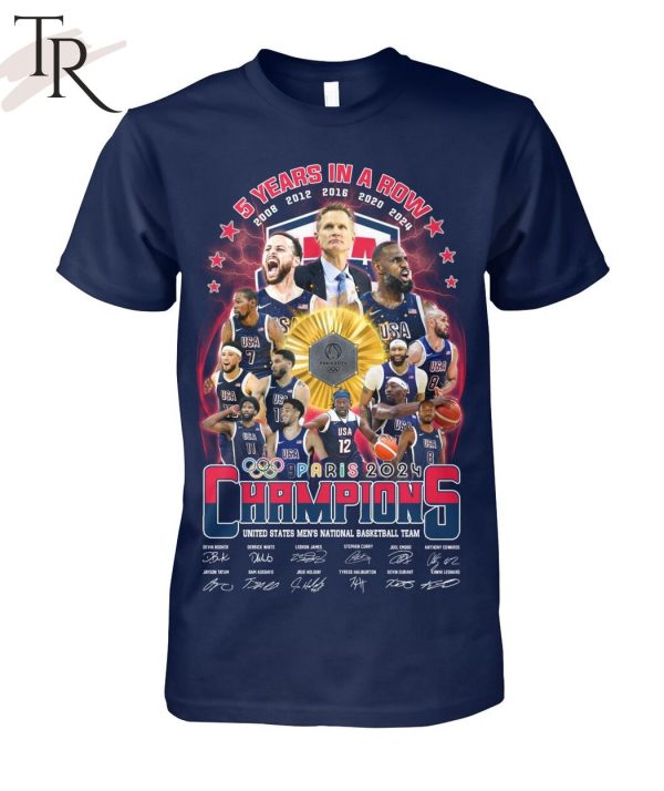 5 Years In A Row 2008 2012 2016 2020 2024 Paris 2024 Champions USA Men’s National Basketball Team T-Shirt