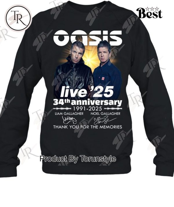 Oasis Live ’25 34th Anniversary 1991-2025 Thank You For The Memories T-Shirt