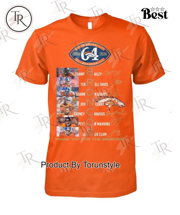 Denver Broncos 64 Years Of 1960-2024 Thank You For The Memories T-Shirt