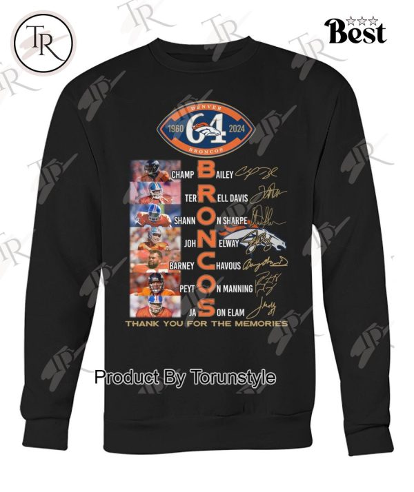 Denver Broncos 64 Years Of 1960-2024 Thank You For The Memories T-Shirt