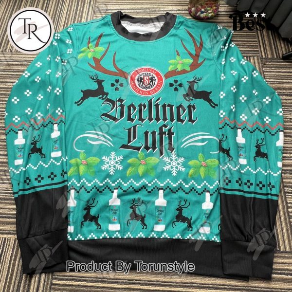 Berliner Luft Christmas Sweater – Festive German Liqueur Ugly Sweater with Reindeer & Holiday Snowflakes, Unisex Winter Knit