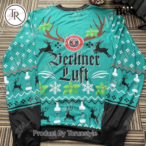 Berliner Luft Christmas Sweater – Festive German Liqueur Ugly Sweater with Reindeer & Holiday Snowflakes, Unisex Winter Knit