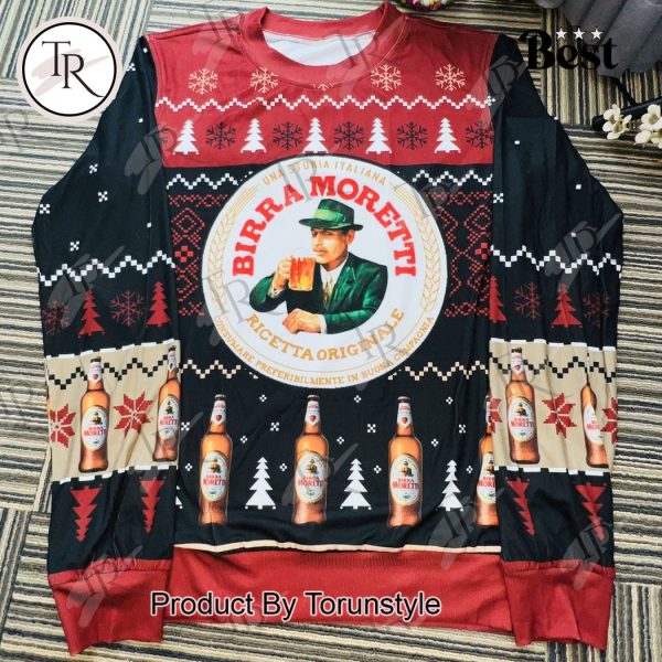 Birra Moretti Christmas Sweater – Italian Beer-Themed Ugly Sweater with Snowflakes & Beer Bottles, Festive Holiday Knit for Men and Women