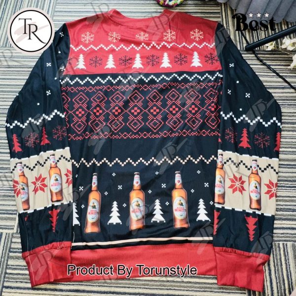 Birra Moretti Christmas Sweater – Italian Beer-Themed Ugly Sweater with Snowflakes & Beer Bottles, Festive Holiday Knit for Men and Women