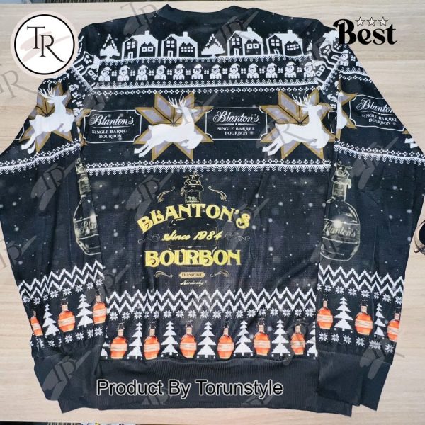 Blanton’s Bourbon Christmas Sweater – Festive Ugly Sweater with Reindeer & Bourbon Bottles, Holiday Knit for Men and Women