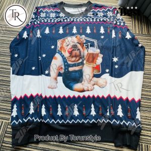 Funny Bulldog Beer Christmas Sweater – Festive Holiday Knit with Christmas Trees & Snowflakes for Men and Women