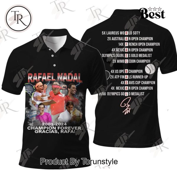 Rafael Nadal 2001-2024 Champion Forever Gracias, Rafa Polo Shirt – Black