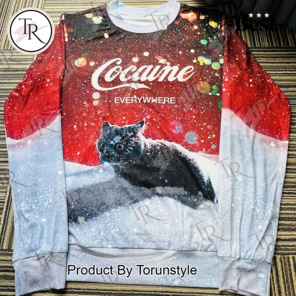 Trendy ‘Cocaine Everywhere’ Cat Graphic Sweater – Bold, Eye-Catching Winter Pullover