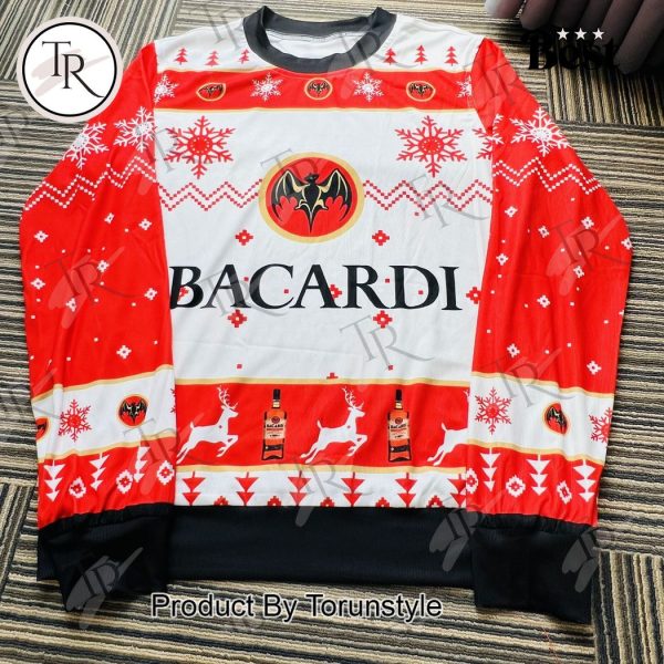 Bacardi Christmas Ugly Sweater – Red & White Holiday Party Attire with Iconic Bat Logo