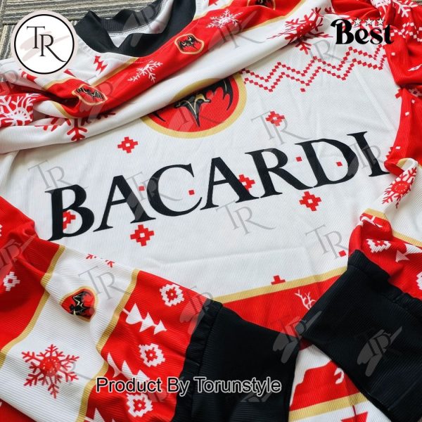 Bacardi Christmas Ugly Sweater – Red & White Holiday Party Attire with Iconic Bat Logo