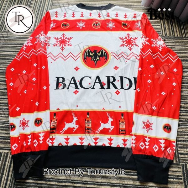 Bacardi Christmas Ugly Sweater – Red & White Holiday Party Attire with Iconic Bat Logo