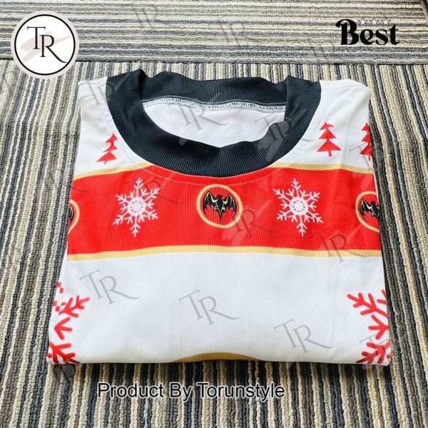 Bacardi Christmas Ugly Sweater – Red & White Holiday Party Attire with Iconic Bat Logo