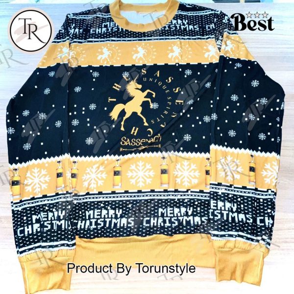 Sassenach Spirits Christmas Sweater – Unicorn Whiskey Bottle Design