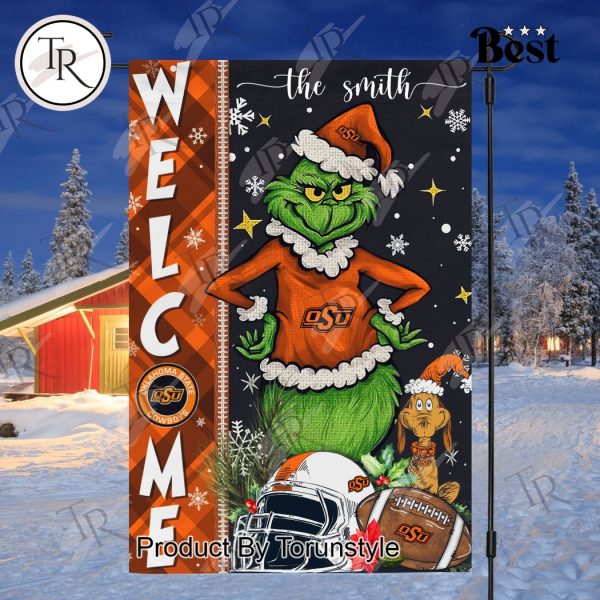 NCAA Oklahoma State Cowboys Football Grinch Welcome Christmas Garden Flag – Custom Name