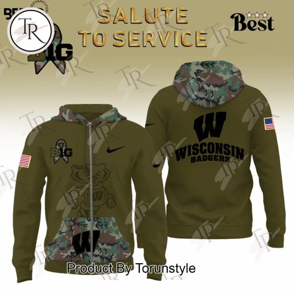 Wisconsin Badgers Camo 2024 Salute to Service Combo Hoodie, Longpants, Cap