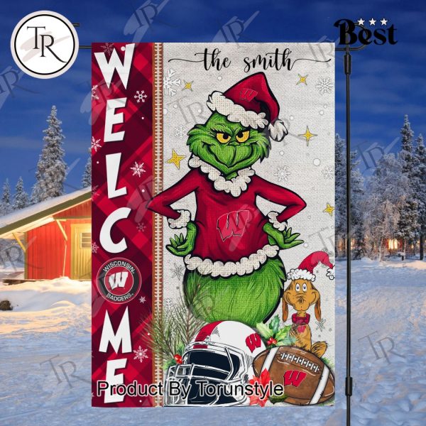 NCAA Wisconsin Badgers Football Grinch Welcome Christmas Garden Flag – Custom Name