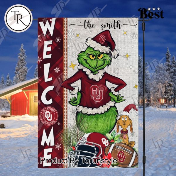 NCAA Oklahoma Sooners Football Grinch Welcome Christmas Garden Flag – Custom Name