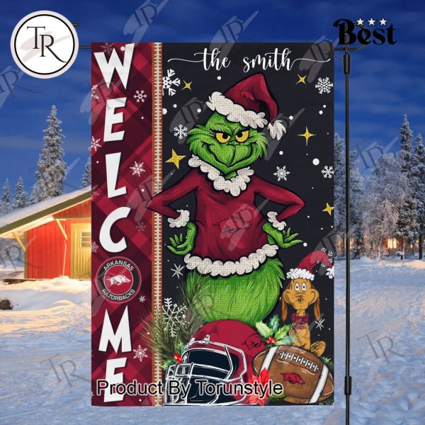 NCAA Arkansas Razorbacks Football Grinch Welcome Christmas Garden Flag – Custom Name