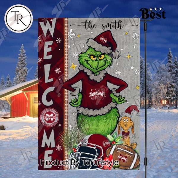 NCAA Mississippi State Bulldogs Football Grinch Welcome Christmas Garden Flag – Custom Name