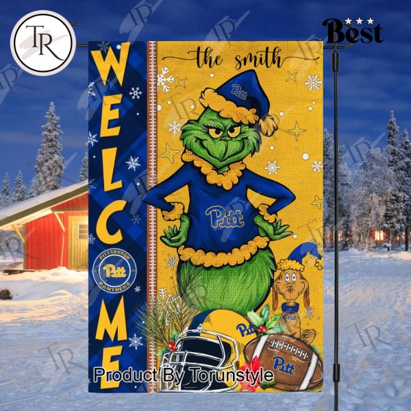 NCAA Pittsburgh Panthers Football Grinch Welcome Christmas Garden Flag – Custom Name