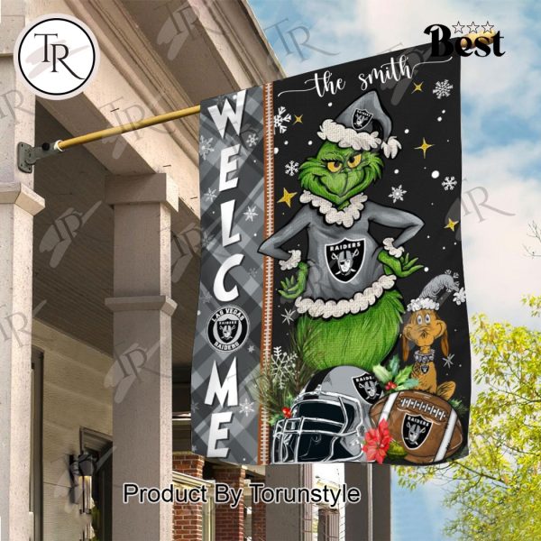 NFL Las Vegas Raiders Football Grinch Welcome Christmas Garden Flag – Custom Name