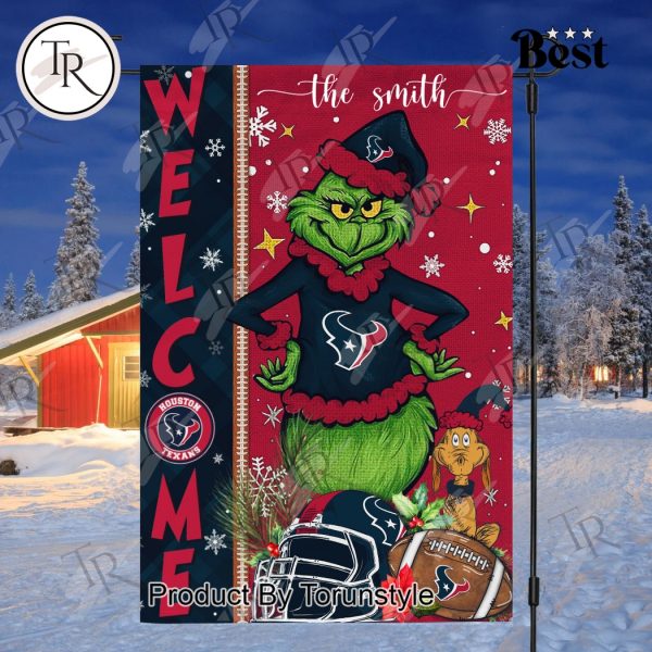 NFL Houston Texans Football Grinch Welcome Christmas Garden Flag – Custom Name