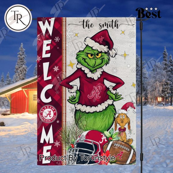 NCAA Alabama Crimson Tide Football Grinch Welcome Christmas Garden Flag – Custom Name