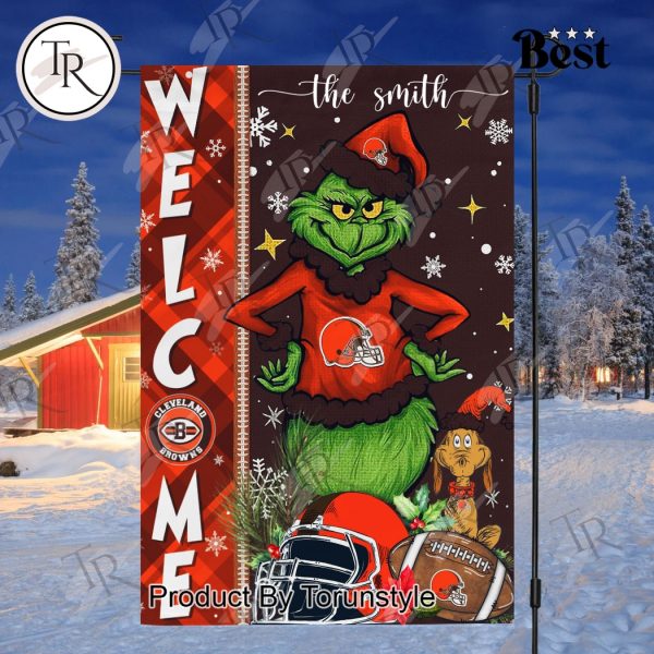 NFL Cleveland Browns Football Grinch Welcome Christmas Garden Flag – Custom Name