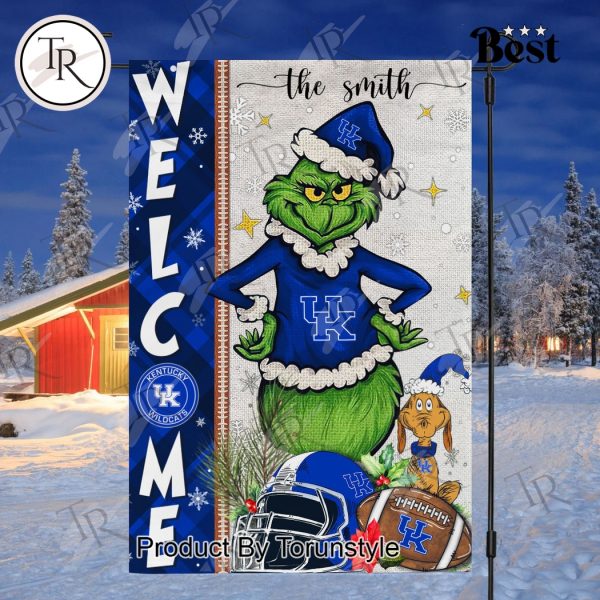 NCAA Kentucky Wildcats Football Grinch Welcome Christmas Garden Flag – Custom Name