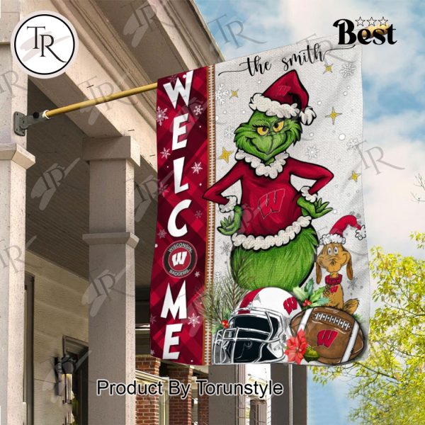 NCAA Wisconsin Badgers Football Grinch Welcome Christmas Garden Flag – Custom Name