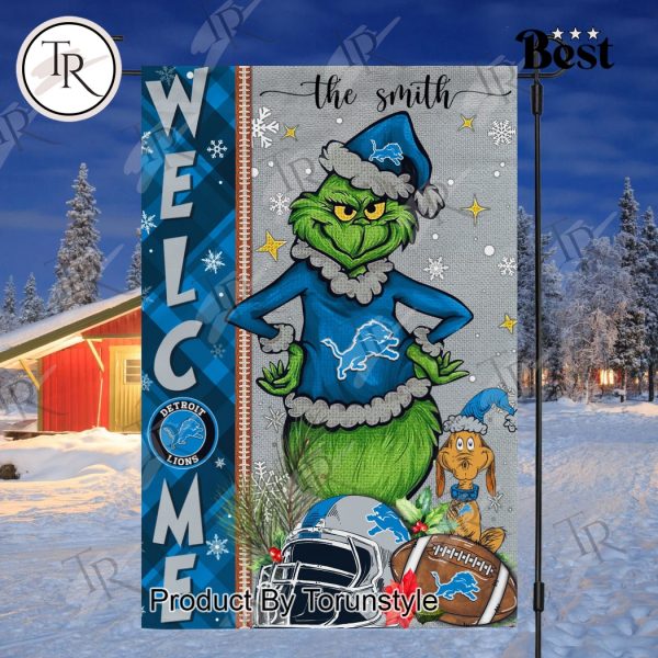 NFL Detroit Lions Football Grinch Welcome Christmas Garden Flag – Custom Name