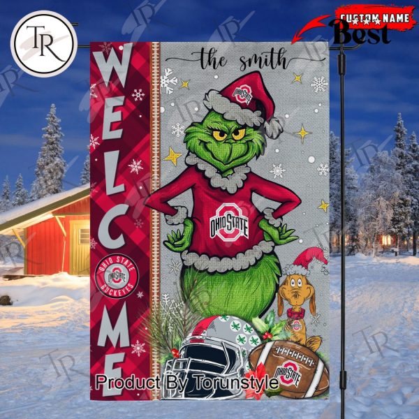 NCAA Ohio State Buckeyes Football Grinch Welcome Christmas Garden Flag – Custom Name