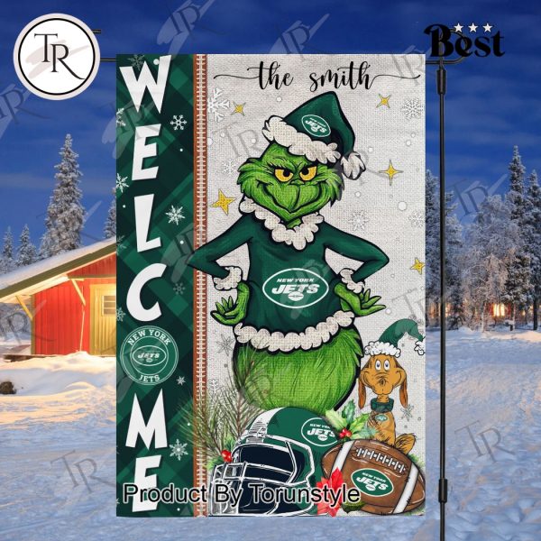 NFL New York Jets Football Grinch Welcome Christmas Garden Flag – Custom Name