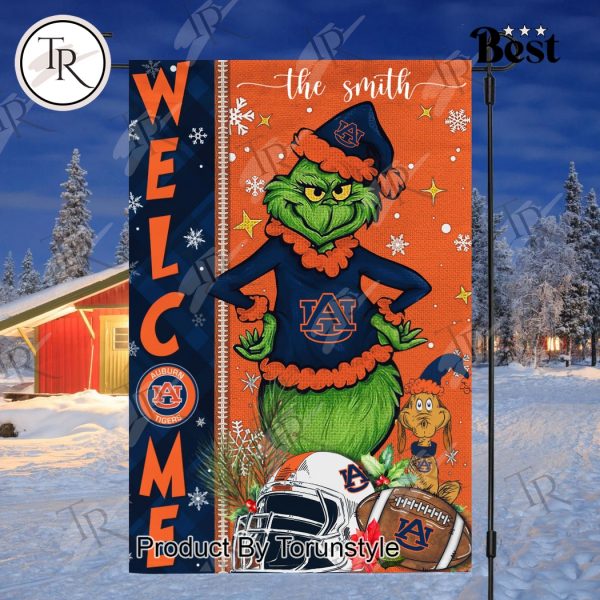 NCAA Auburn Tigers Football Grinch Welcome Christmas Garden Flag – Custom Name