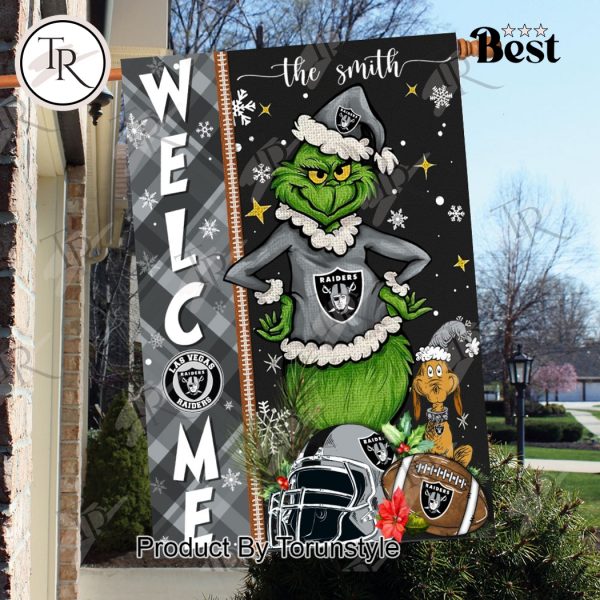 NFL Las Vegas Raiders Football Grinch Welcome Christmas Garden Flag – Custom Name