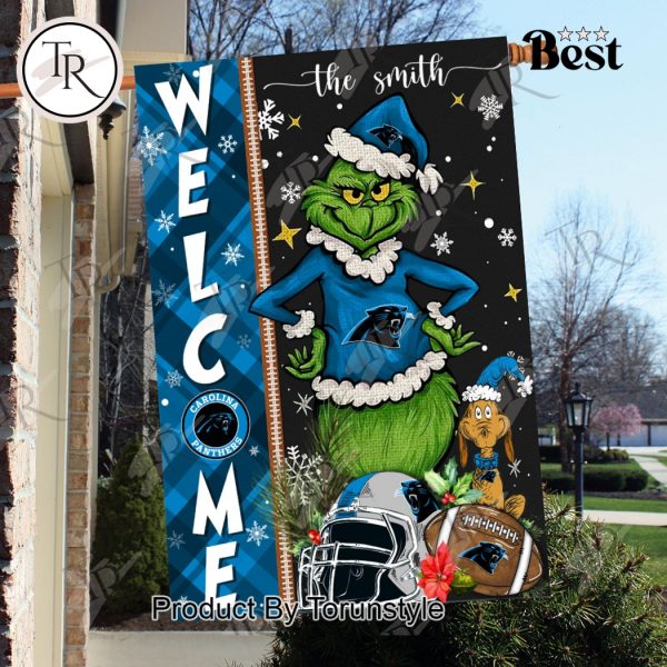 NFL Carolina Panthers Football Grinch Welcome Christmas Garden Flag – Custom Name