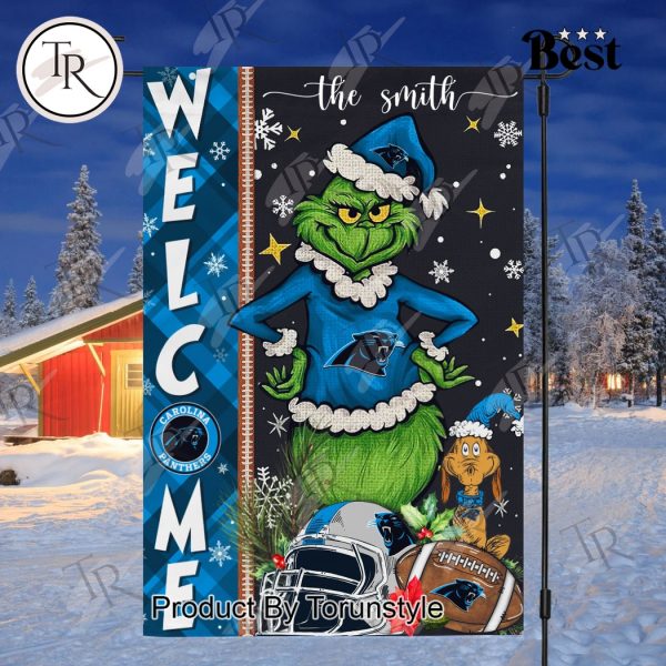 NFL Carolina Panthers Football Grinch Welcome Christmas Garden Flag – Custom Name