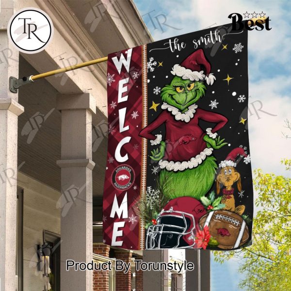 NCAA Arkansas Razorbacks Football Grinch Welcome Christmas Garden Flag – Custom Name