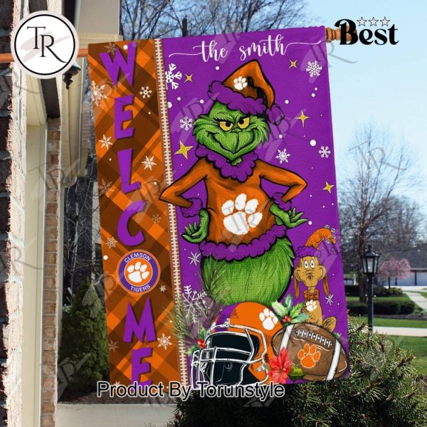 NCAA Clemson Tigers Football Grinch Welcome Christmas Garden Flag – Custom Name