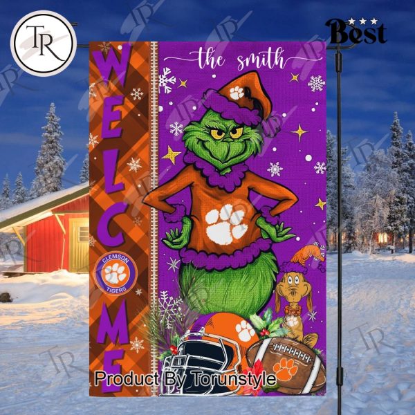 NCAA Clemson Tigers Football Grinch Welcome Christmas Garden Flag – Custom Name