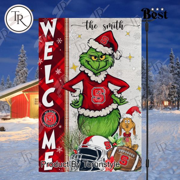 NCAA NC State Wolfpack Football Grinch Welcome Christmas Garden Flag – Custom Name