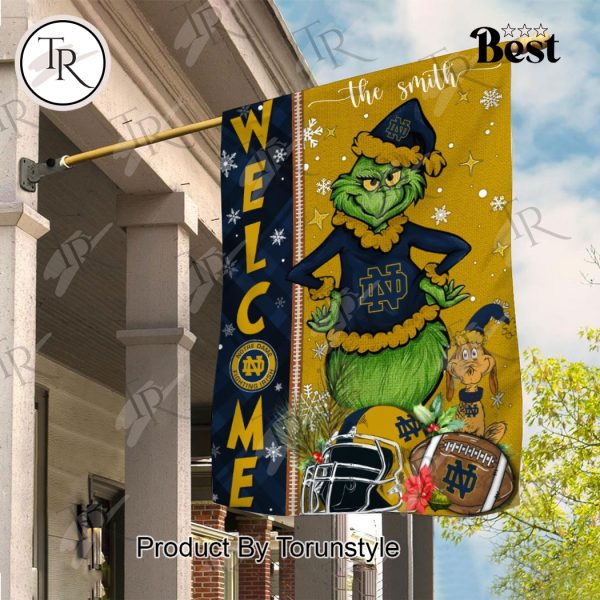 NCAA Notre Dame Fighting Irish Football Grinch Welcome Christmas Garden Flag – Custom Name