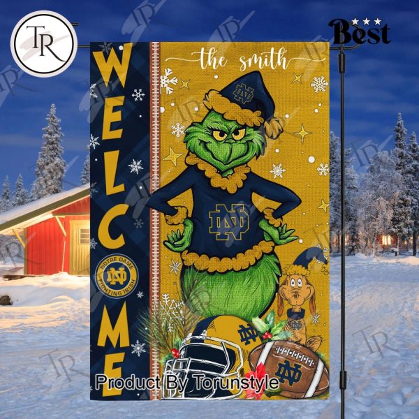 NCAA Notre Dame Fighting Irish Football Grinch Welcome Christmas Garden Flag – Custom Name