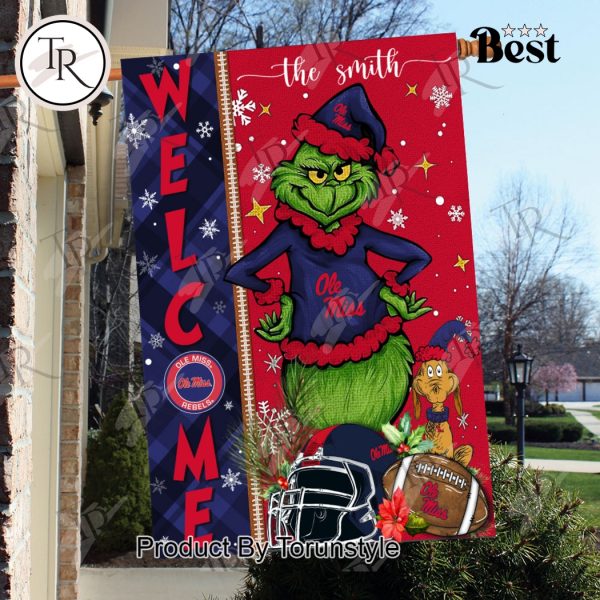 NCAA Ole Miss Rebels Football Grinch Welcome Christmas Garden Flag – Custom Name