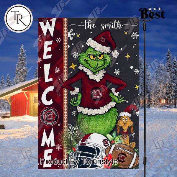 NCAA South Carolina Gamecocks Football Grinch Welcome Christmas Garden Flag – Custom Name