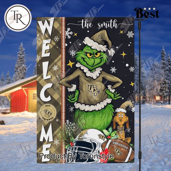 NCAA UCF Knights Football Grinch Welcome Christmas Garden Flag – Custom Name