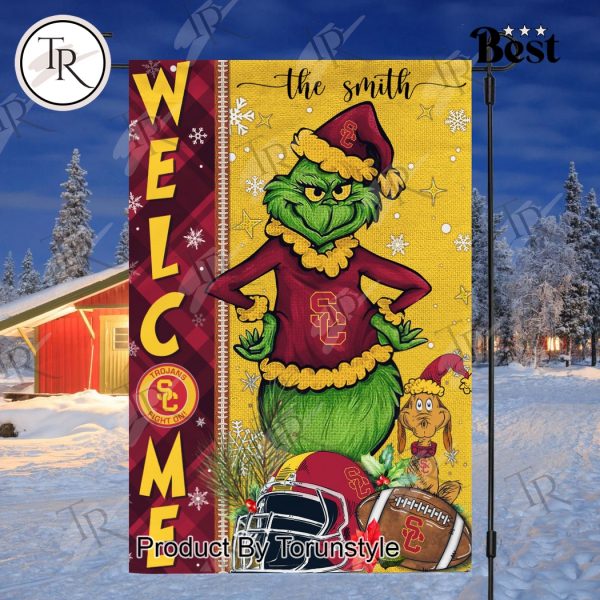 NCAA USC Trojans Football Grinch Welcome Christmas Garden Flag – Custom Name